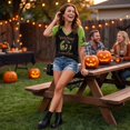 thumbnail image 4 of Women's Halloween Witch Print V-Neck T-Shirt, Raglan Short Sleeve Casual Graphic Tee Top for Halloween Party Daily Wear 12-Saffron XXL, 4 of 4