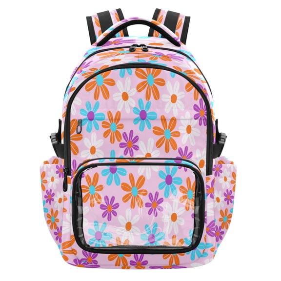 Qxltty Playful Daisy Print Backpack School Bookbag with Clear PVC Front Pocket, Laptop Compartment, Water Resistant Travel Daypack for Students