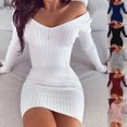 thumbnail image 2 of Vestido ajustado de manga larga con hombros descubiertos para mujer, minivestido Sexy de punto blanco para discoteca, Invierno 2020, 2 of 7