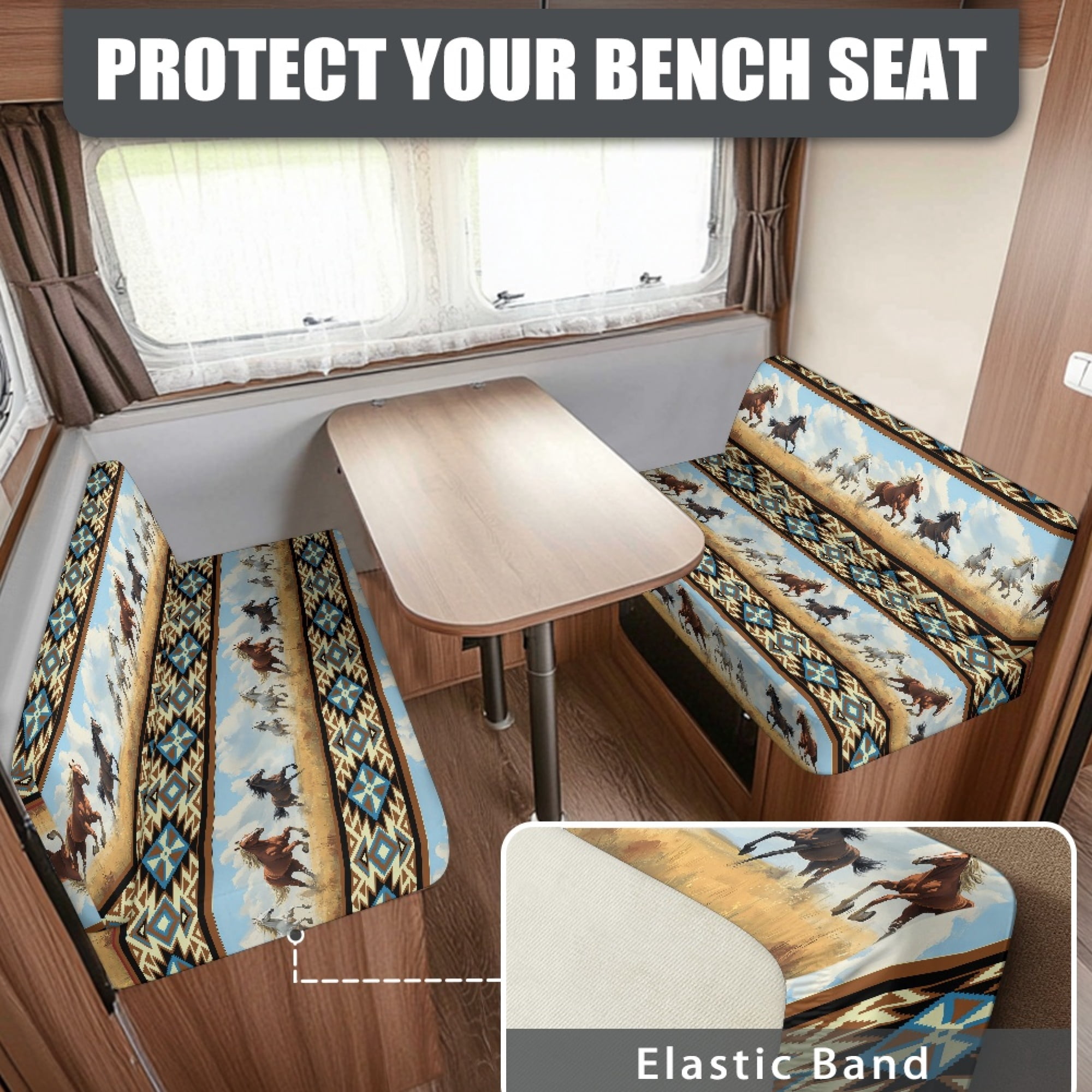 Yuyamidu Southwest Aztec Horse RV Dinette Cushion Covers Comfy RV Sofa Seat Slipcovers Elastic Camper Couch Cushion Covers Include 1 Bench Cover 1 Backrest Cover RV Accessories