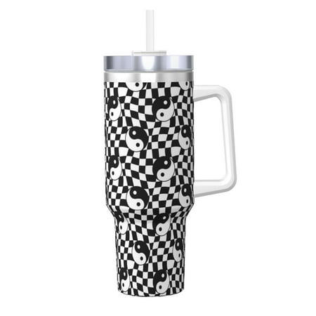 

Goofa Ying Yang Checkered Print 40oz Ice Bully With Handle And Straw Stainless Steel Vacuum Insulated Cup And 2 In 1 Straw Lid