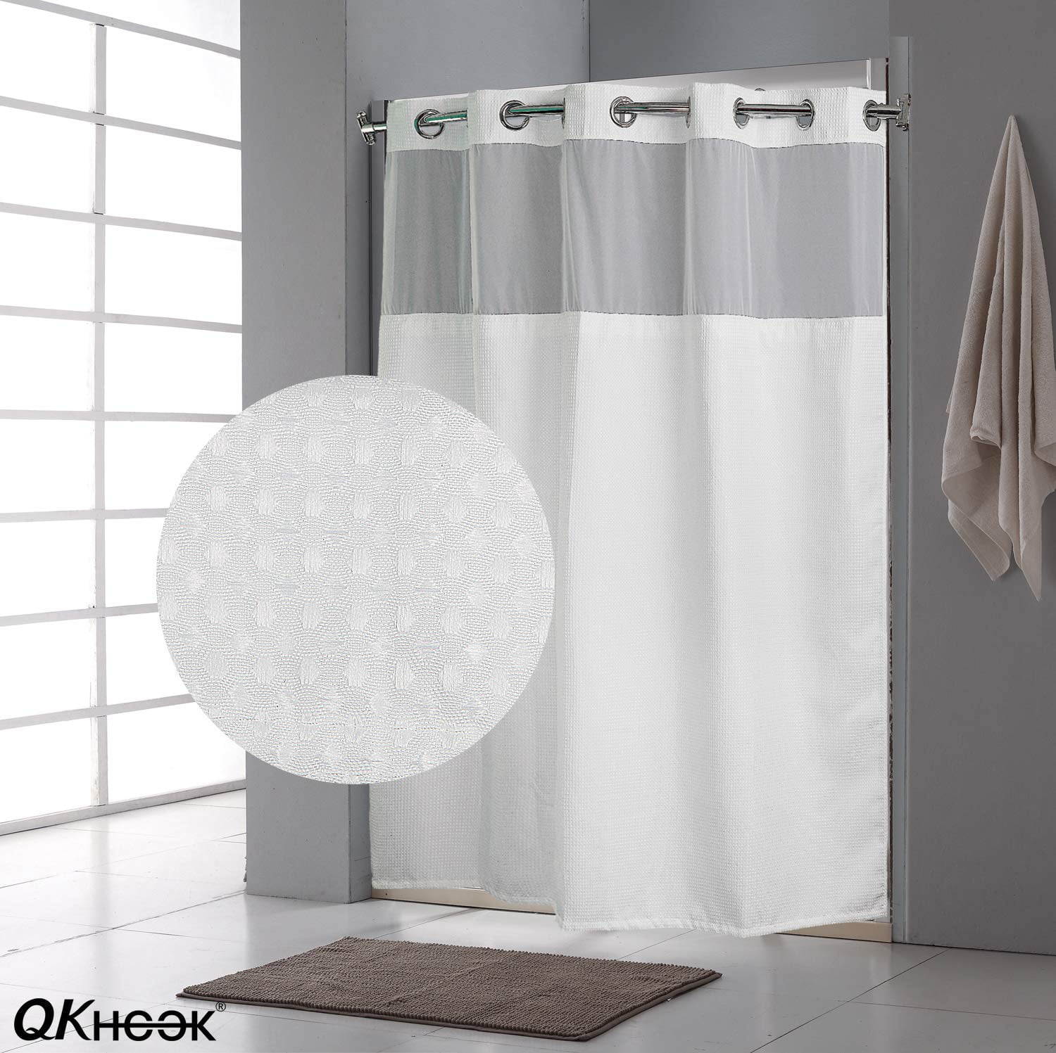 Qkhook Hookless Shower Curtain With, Hookless Shower Curtain Liner Clear Plastic