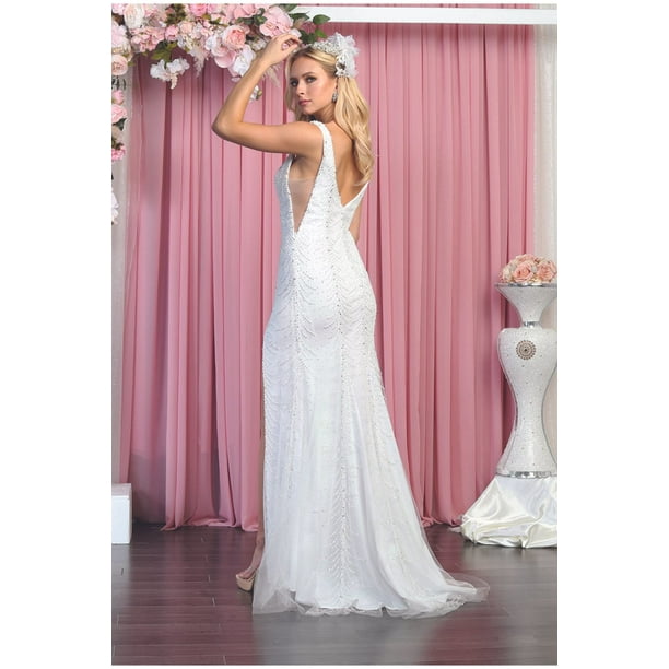 Women's Royal Blue Queen RQ7881 V-Neck Beaded Long White Formal Bridal  Wedding Gown 16 - Walmart Business Supplies