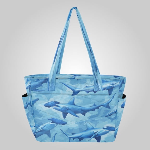 Quilted Tote Bag Large Capacity Multi-Compartment Handbag Lightweight Structured Shoulder Bag Versatile Casual Bag Hammerhead Shark Pattern