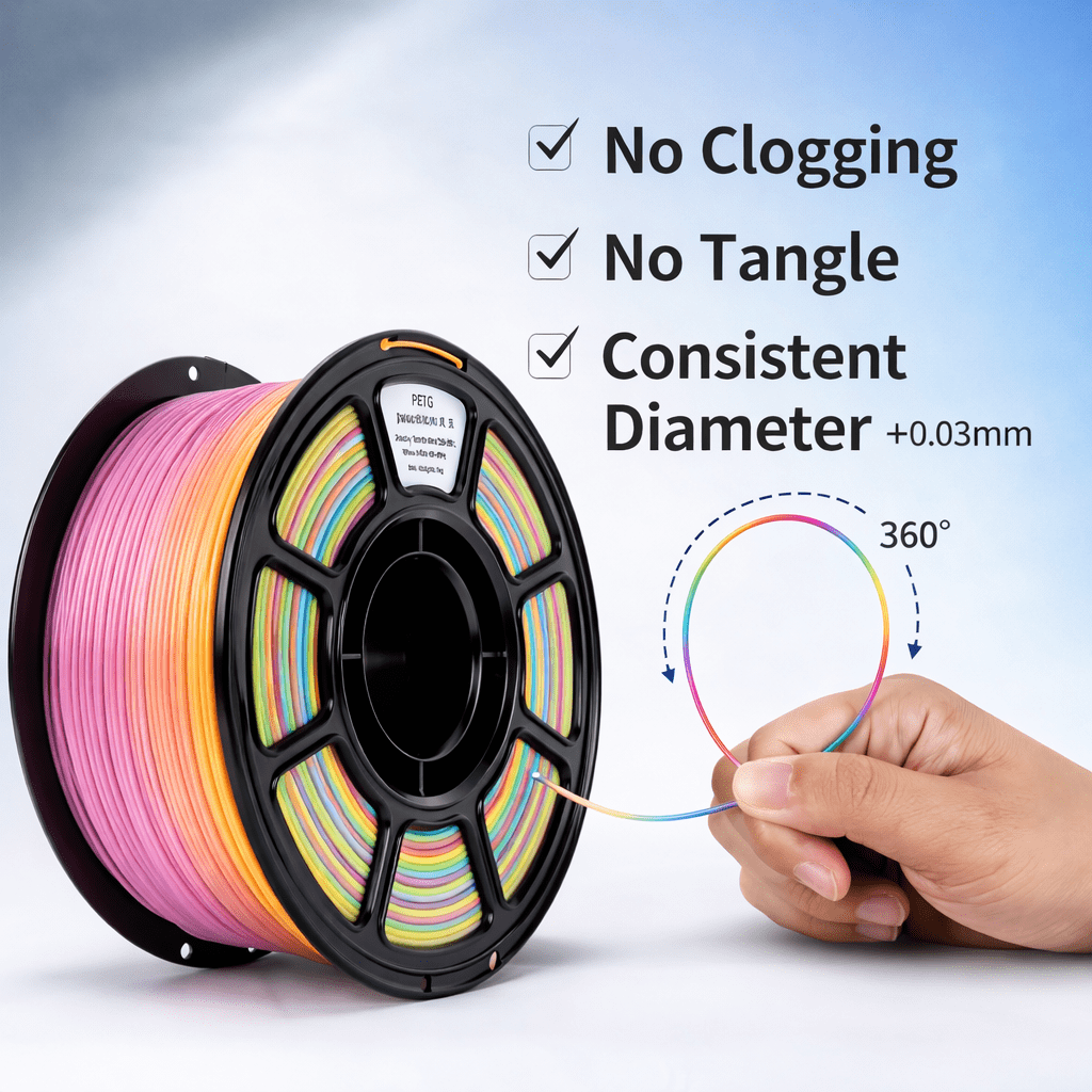 Rainbow PETG 3D Printer Filament, Multicolor 3D Printing Model Filament Matte, +/- 0.02mm, High Gloss Finish, Low Warping, for Most 3D FDM Printer