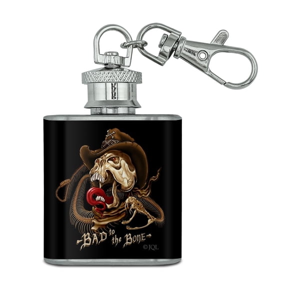 Bad To The Bone Skull Snake Biker Motorcycle Western Stainless Steel 1oz Mini Flask Key Chain
