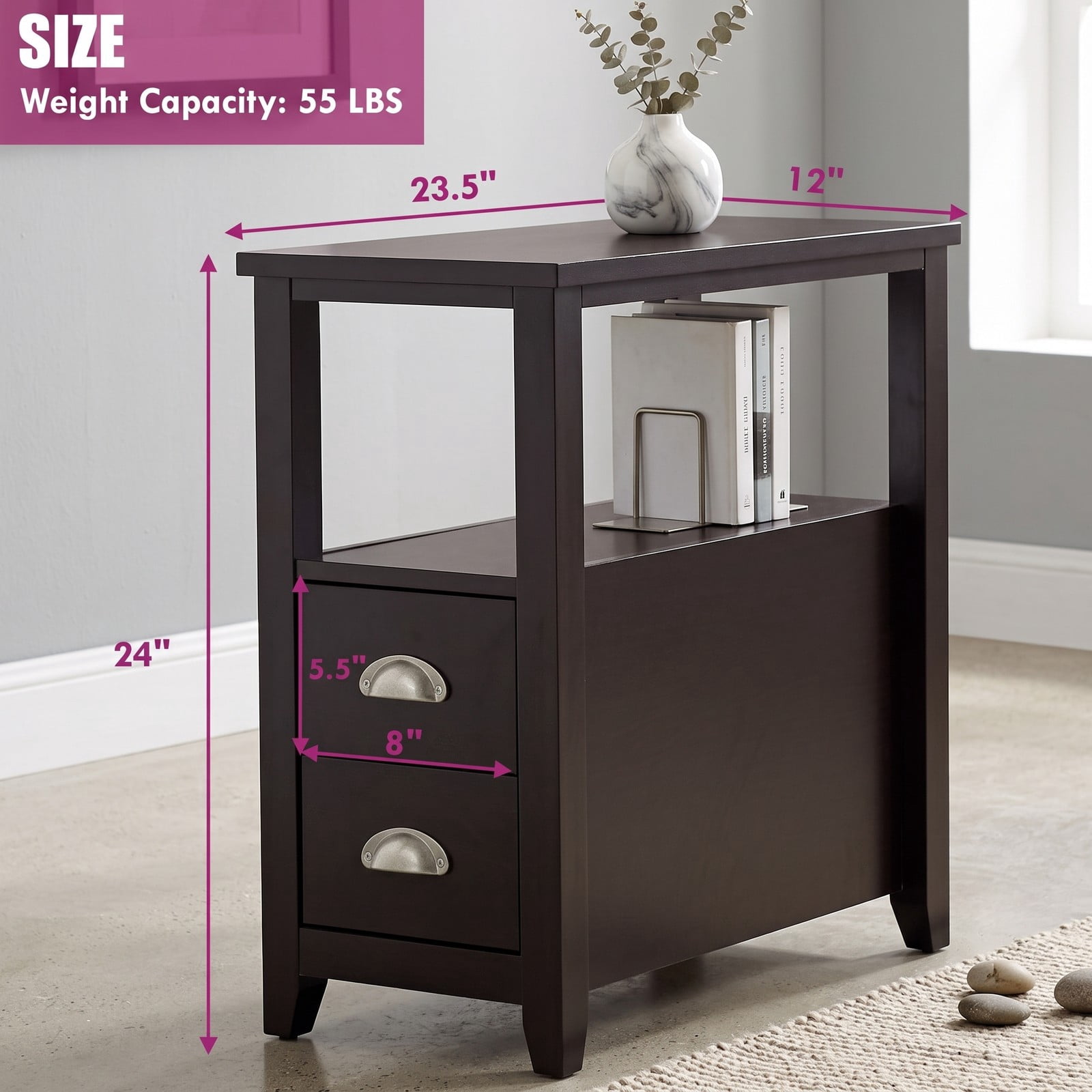 Furnibear Set of 2 Narrow Nightstands with 2 Drawers and Open Shelf Wooden Bedside End Tables for the Bedroom, Dark Brown