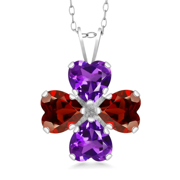 Gem Stone King 925 Sterling Silver Purple Amethyst and Red Garnet 4 Heart Shape Gemstone February Birthstone Pendant Necklace for Women (3.28 Cttw, 6MM Heart, with 18 inch Silver Chain)