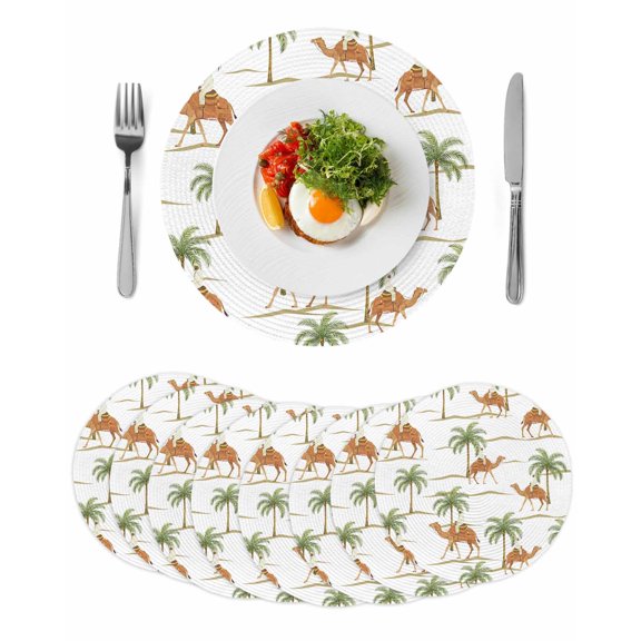 Desert Camels Round 13 Inch Placemats Set of 8, Tropical Date Palm Trees Animal HeatResistant Non Slip Place Mats for Dining Table, Wipeable Braided Kitchen Table Mats for Housewarming