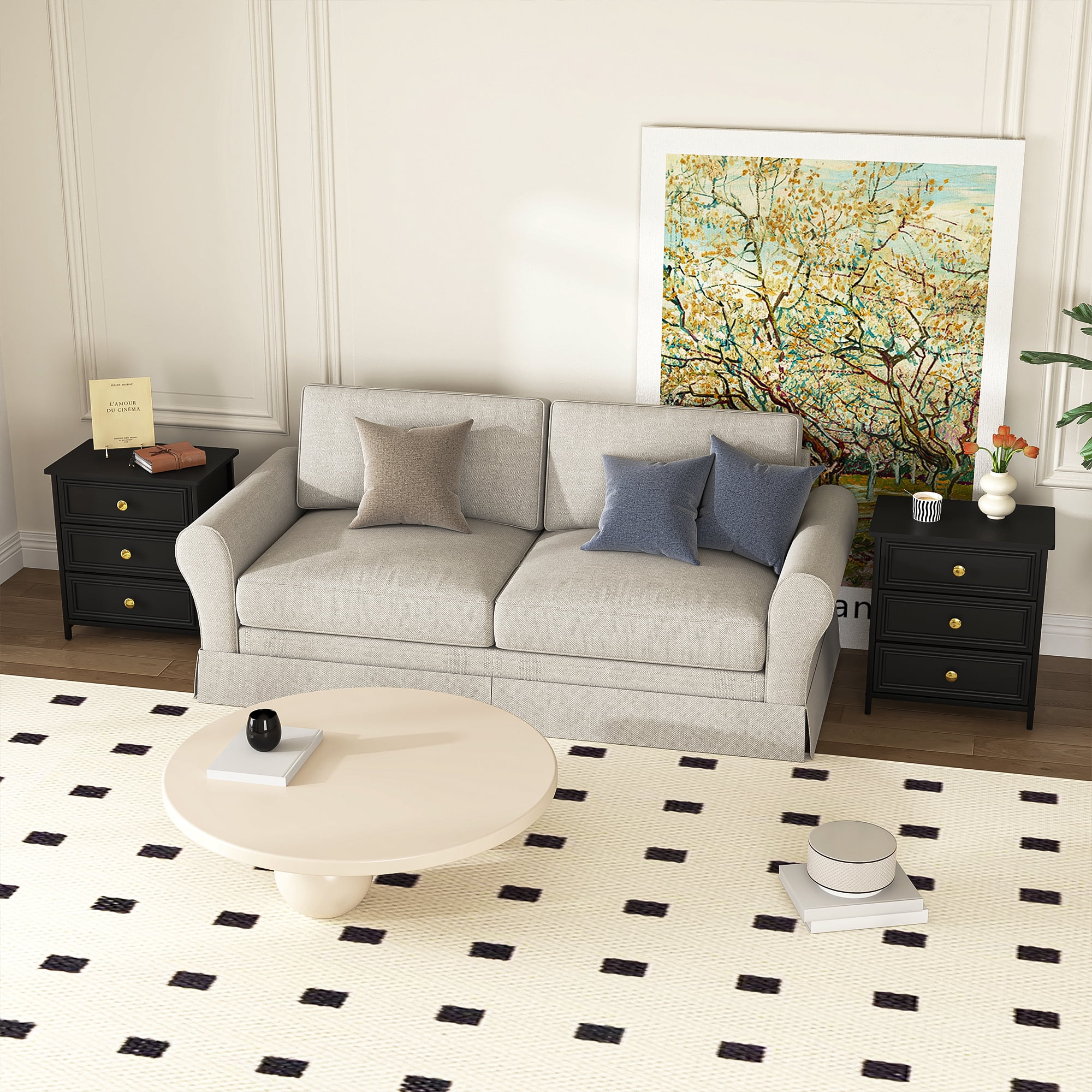 Demi Bonn Nightstand Set of 2, Bedside Table with 3 Decorated Drawers, Wood Accent Side End Table with Storage for Bedroom, Black