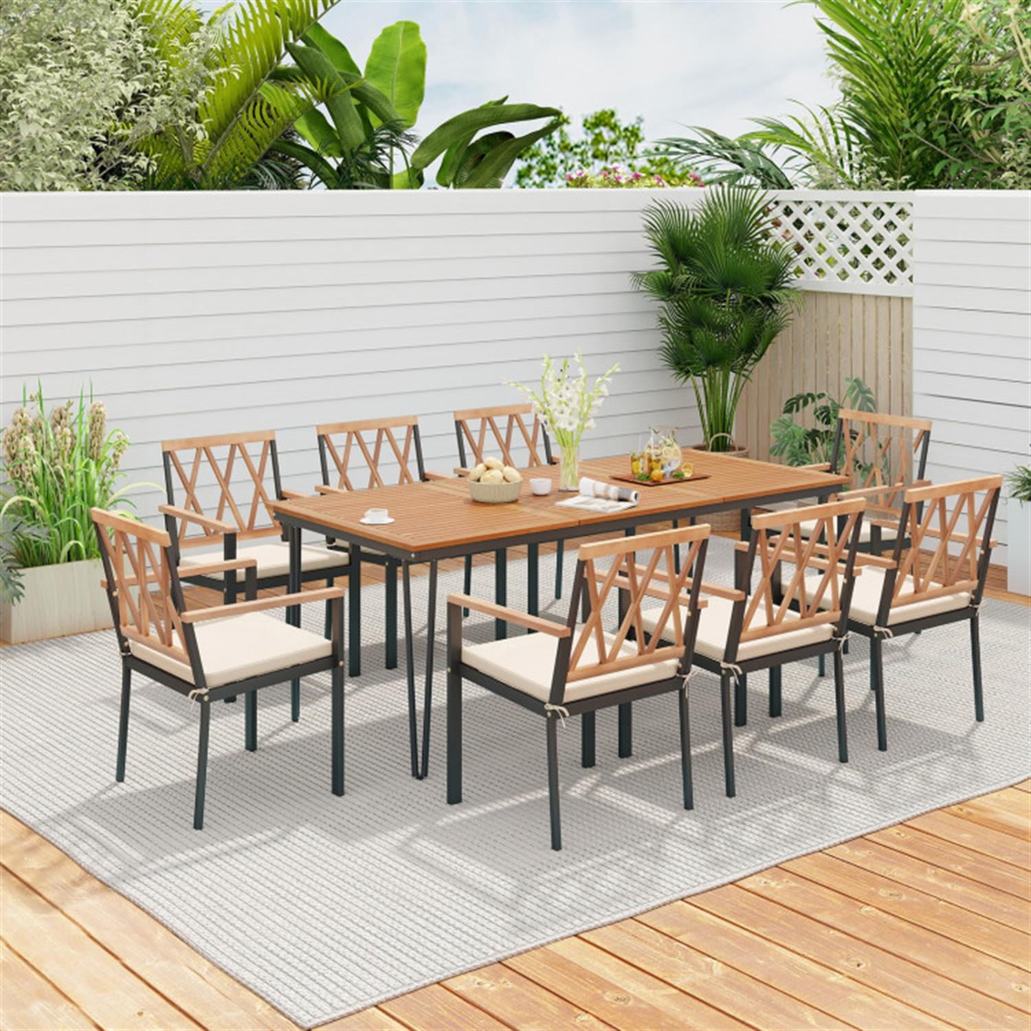 Demi Bonn 9-Piece Patio Dining Furniture Set, 35.5" Acacia Wood Table with Umbrella Hole and 22.5" Wide Chairs, Beige-A
