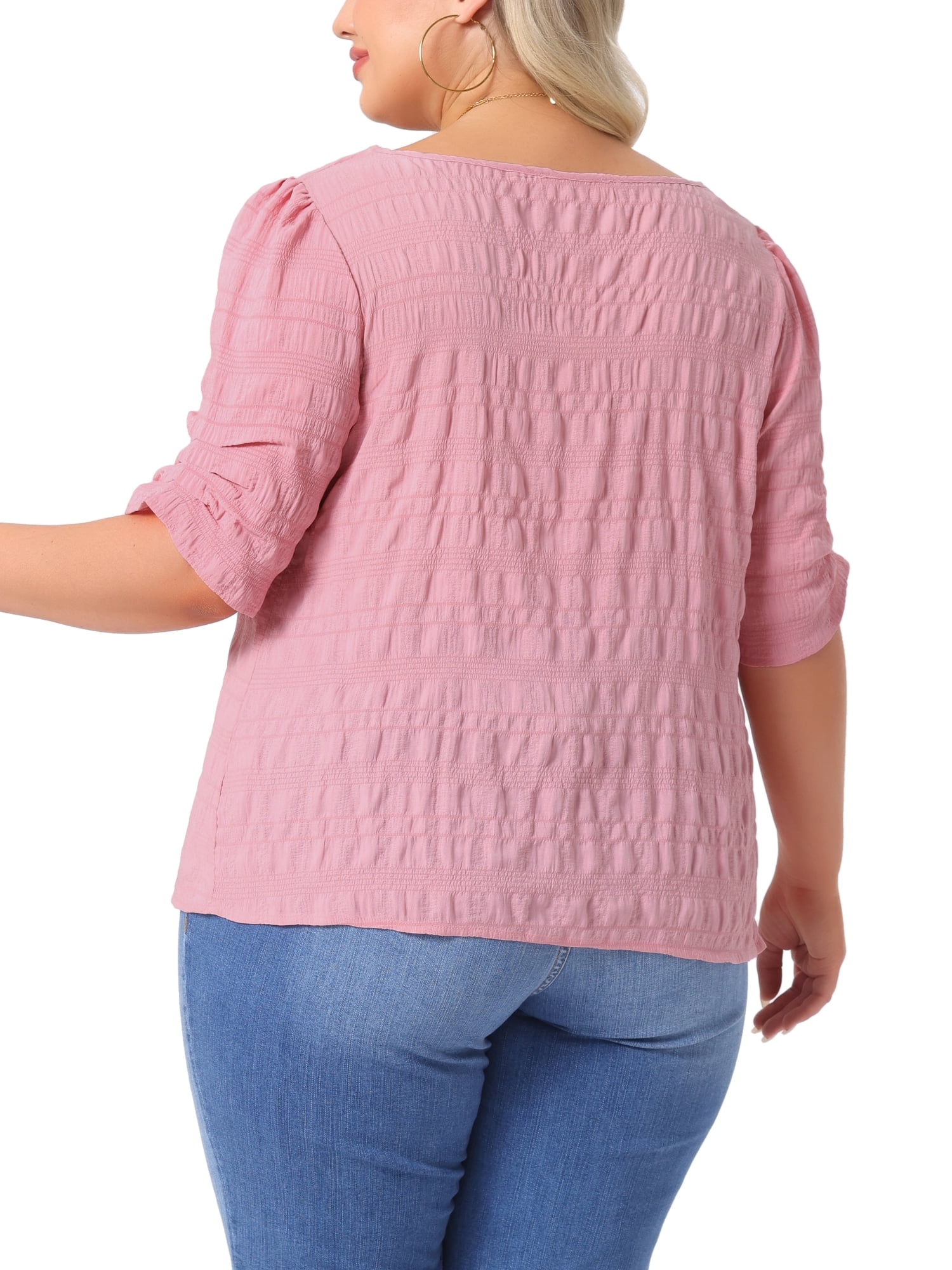 DARING DIVA Women's Plus Textured Notched V Neck Blouse 4X Pink