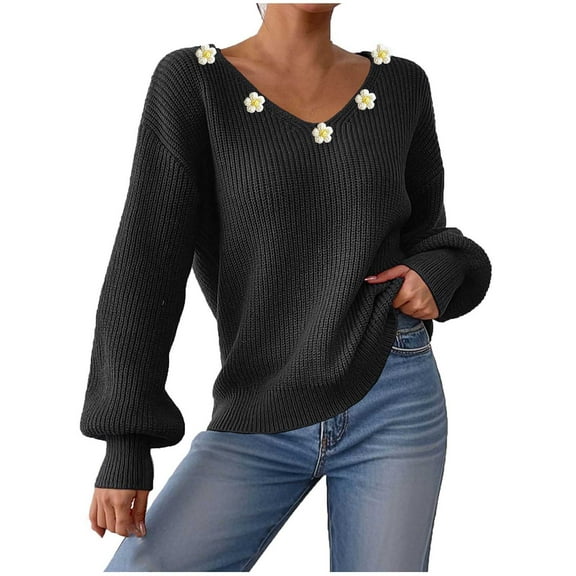 Npasoilc Sweaters for Women Embroidery V-Neck Long Puff Sleeve Pullover Blouse Lightweight Comfy Knitted Sweaters Casual Loose Sweaters