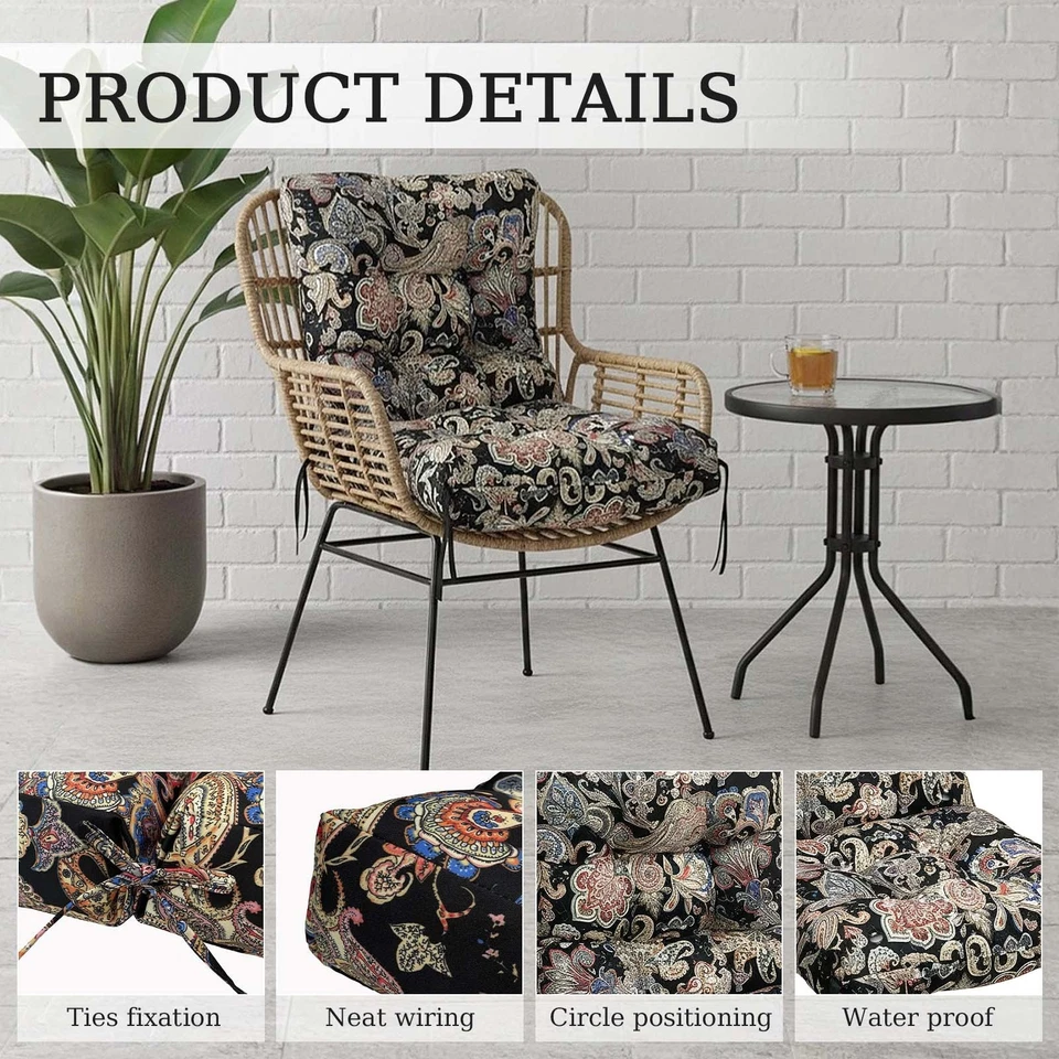 TOPCHANCES Indoor/Outdoor Chair Cushions 42'' x 21'' x 3", Waterproof Tufted Thick Patio Wicker Chair Seat Cushion Rocking Chair Cushion (Black & Printed, Set of 4)