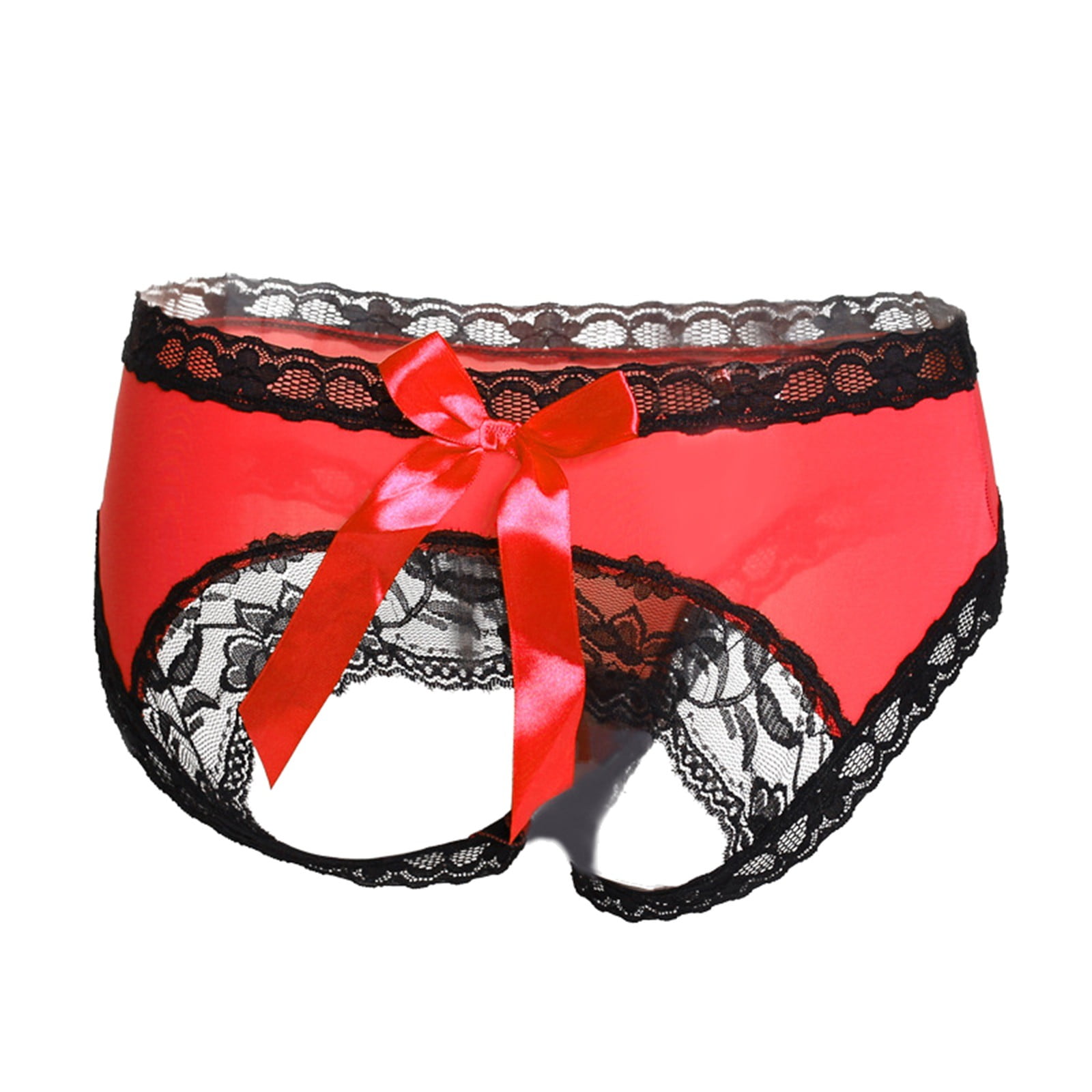 CLZOUD Cute Underwear for Women Red Polyester Fibre Women's Low Waist  Seductive Open Hollow Breathable Bow Transparent Underwear