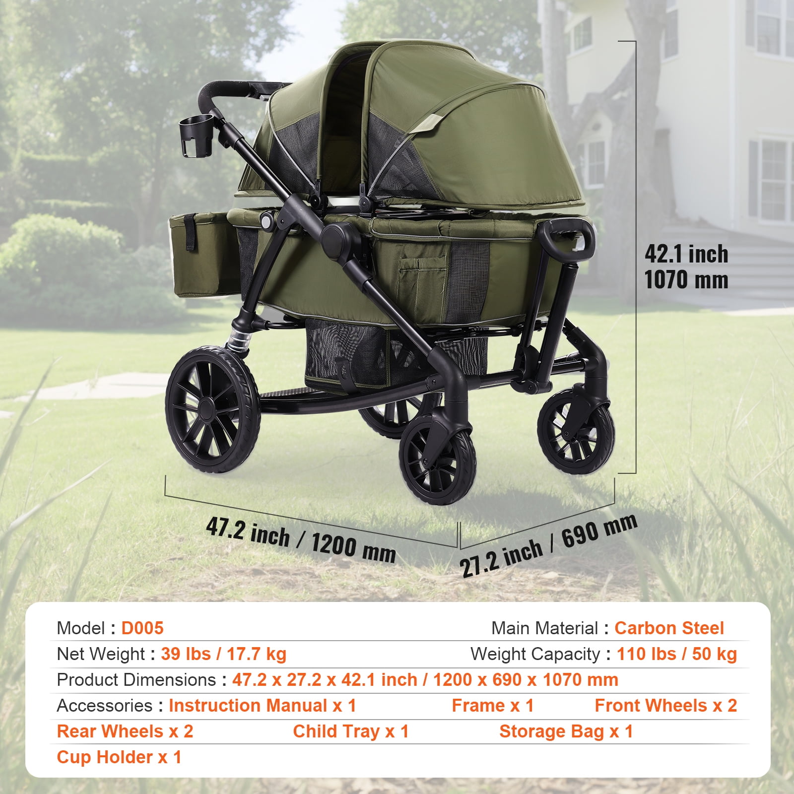 KFFKFF Off-Road Wagon-Stroller Hybrid, Dual-Seating, Easily Foldable for Travel, Comes with Shade Cover, Storage for Essentials, Beverage & Snack Tray, 55lbs Capacity per Seat, in Olive Green