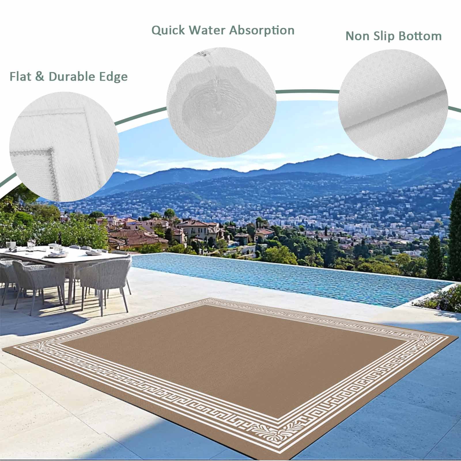 Brown Geometric Outdoor Rug 5x8 Ft - Reversible Patio Rug Outdoor Camping Rugs, Vintage Greece Key Washable Indoor Outdoor Area Rugs, Non-Slip Outdoor Carpet Runner for Deck/Porch