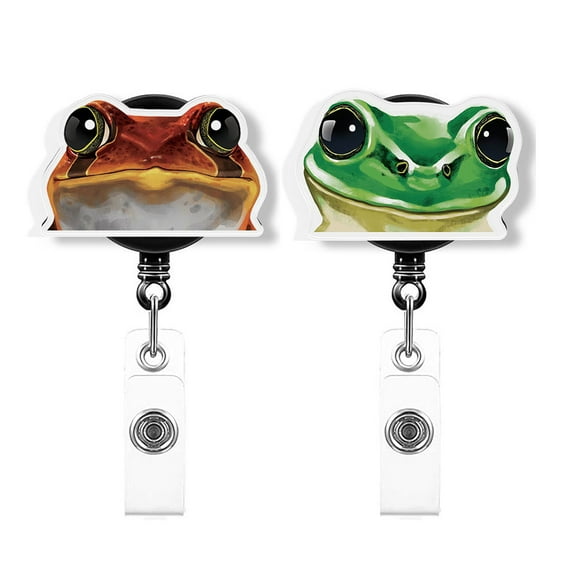 WIRESTER Set 2pcs Design Acrylic Key Card Holder Belt Clip Reel Id Badge Retractable - Animal Green Frog, Red Tomato Frog