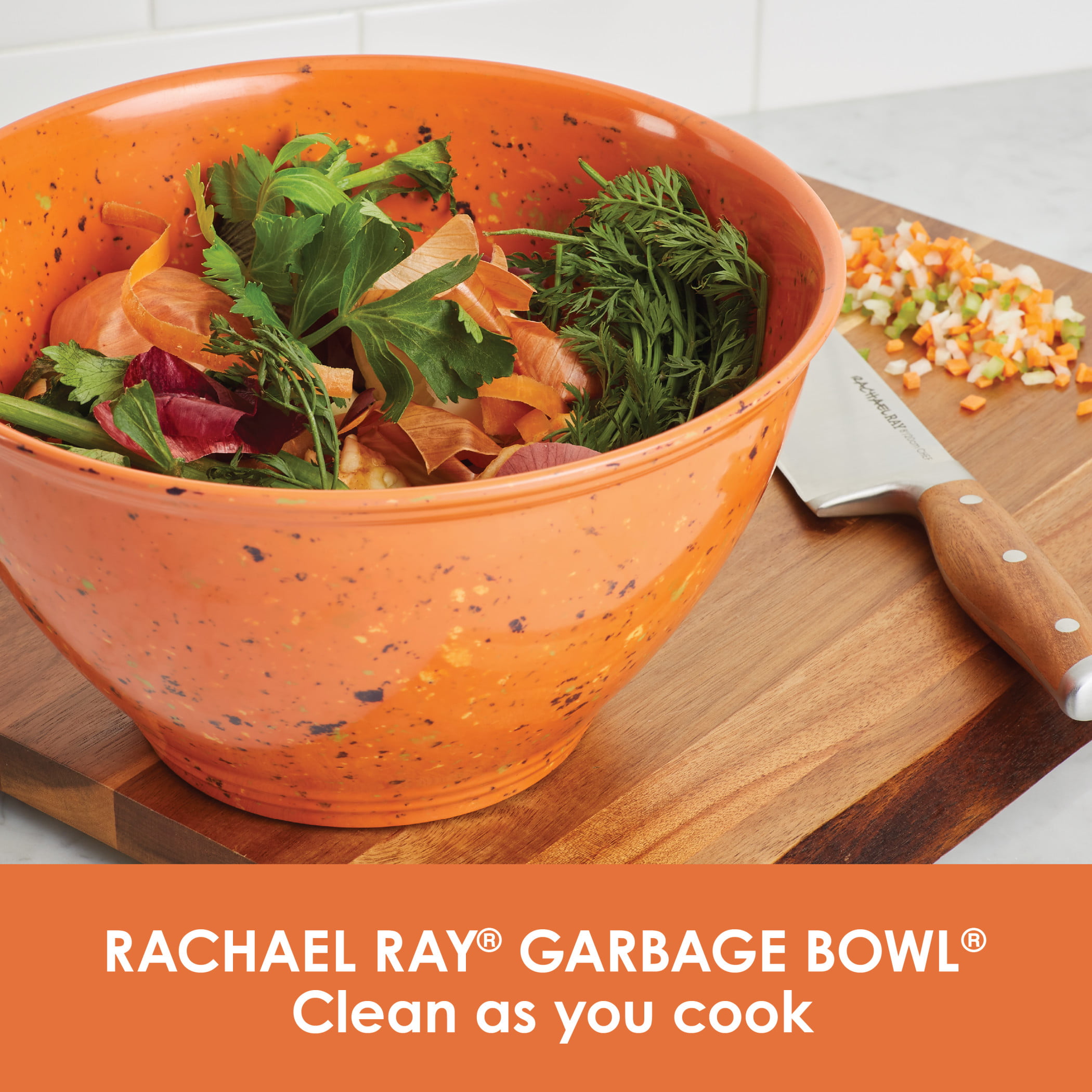 NWT Rachael Ray Orange Melamine Confetti Garbage Mixing Bowl Kitchen Cook Food 
