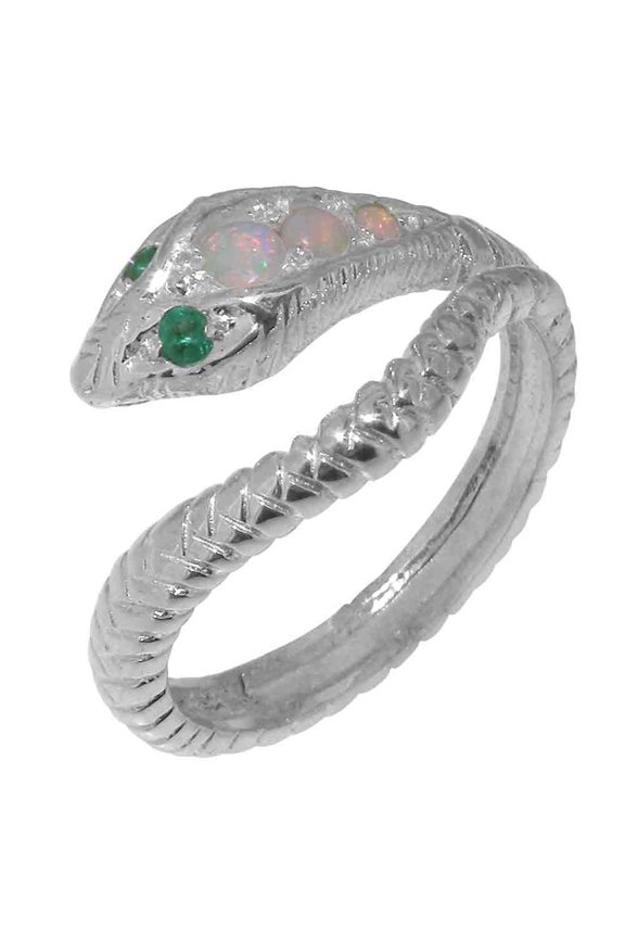 LBG British Made 10k White Gold Natural Opal & Emerald Womens Band Ring - 33 size options - Size 10.25