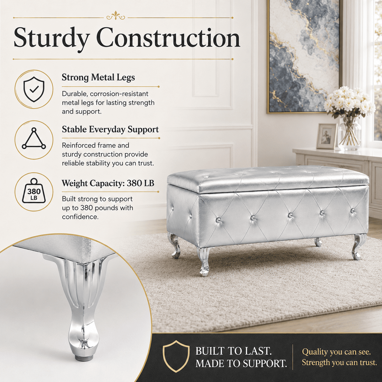 Aukfa 38" Upholstered Storage Ottoman Bench with Hidden Storage, Crystal Tufted Faux Leather Bed Bench, 380 lb, Silver