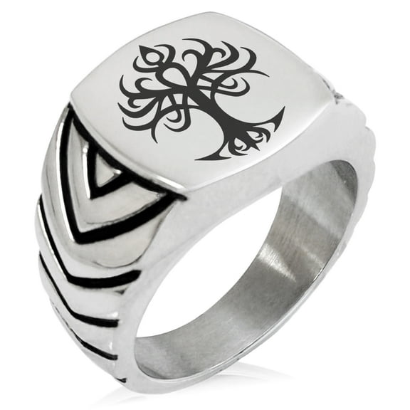 Stainless Steel Tribal Tree of Life Chevron Pattern Biker Style Polished Ring