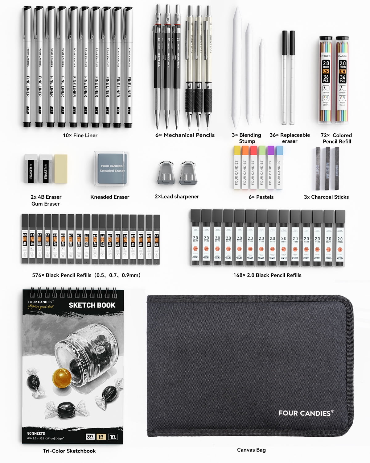 Four Candies 73PCS Advanced Art Supplies Drawing Kit with Fineliner Pens, Mechanical Pencils, 3-Color Sketchbook, Charcoal Sticks,Pastels for Sketching Drawing Comics Gifts for Professionals Artists