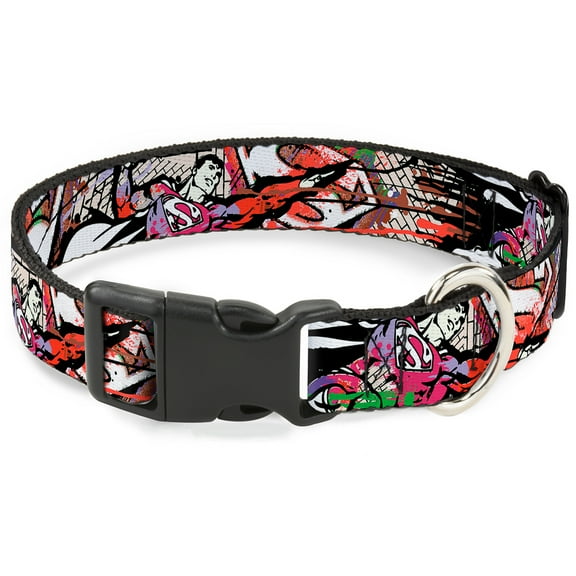 DC Comics Pet Collar, Dog Collar Plastic Buckle, Superman Color Flying Bricks Scene, 9.5 to 14.5 Inches 0.5 Inch Wide