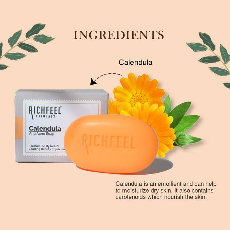 Richfeel Calendula Anti Acne Soap For Skin prone to Acne Blemishes Physician Formulated Helps Calm Replenish Skin 75 g Pack of 8