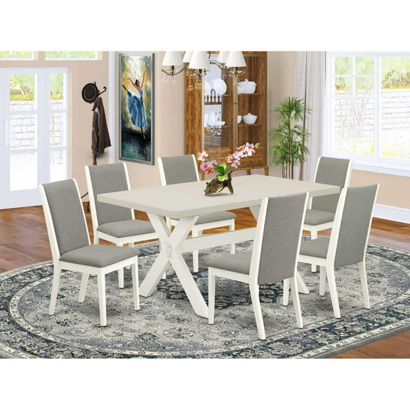 East West Furniture X026LA206-7 7-Piece Amazing Dining Table Set an Outstanding 6 Dining Table Top and 6 Wonderful Linen Fabric Dining Chairs with Stylish Chair Back, Linen White Finish