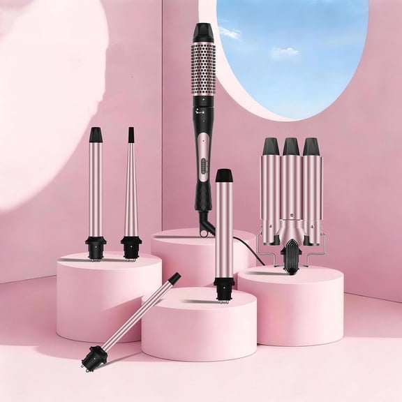 6 in 1 Wand Curling Iron Set, 3 Barrel Curling Wand Set with Thermal Brush (1.5") and 5 Interchangeable Ceramic Hair Wand Curler (0.35"-1.25"), Home Travel Multi Curl, 2 Temp 30S Instant Heat Up
