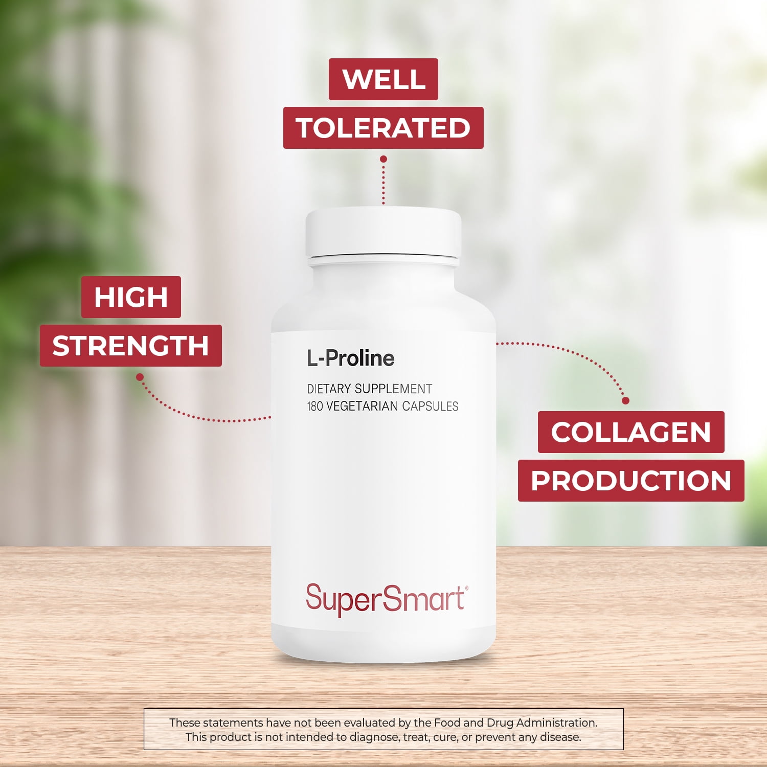 SuperSmart - L-Proline 3000 mg per Day - Amino Acids Supplement - Collagen Production - Skin & Joint Support | Non-GMO & Gluten Free - 180 Vegetarian Capsules