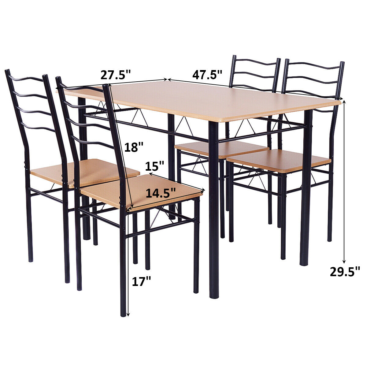 Costway 5 Piece Dining Table Set 29.5" with 4 Chairs Wood Metal Kitchen Breakfast Furniture Brown - image 2 of 8