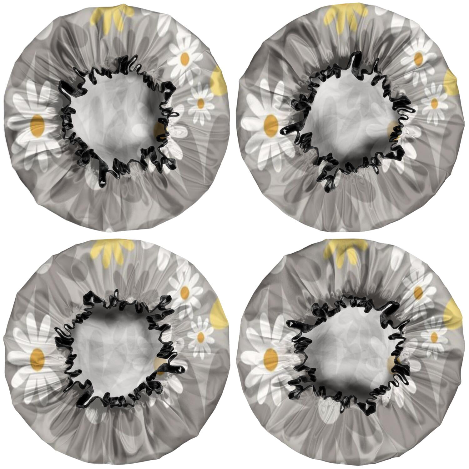 Shower Caps,Gray Daisy Flower Yellow Blooms Pattern Waterproof Shower Cap for Women 4 Pieces,Double Reusable Hair Cover for Shower PEVA Elastic Stretch Hem