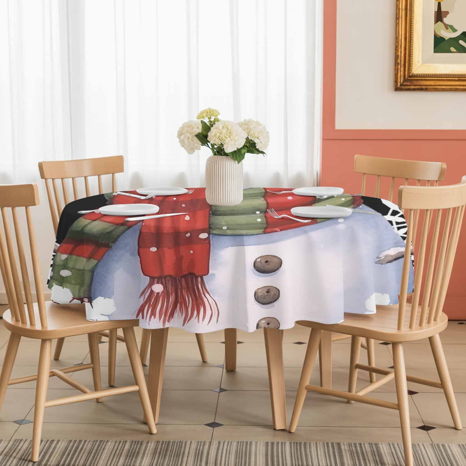 Round Tablecloth Black Christmas Snowman Waterproof Oil Proof Polyester Table Cloth Cover Decor for Home Dining Outdoor,Patio,Parties, 60" Dia. Winter Snowflakes