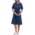 thumbnail image 2 of INSPIRE CHIC Women's Denim Dress Button Down Short Sleeve Belted Casual Jean Shirt Dresses M Dark Blue, 2 of 6