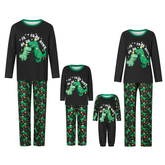 Christmas Family Pajamas Matching Set Black Long Sleeve Letter Print Tops and Dinosaur Print Pants Sleepwear