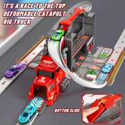 Carsky 2-in-1 Carrier Truck Race Track Playset, 37 Extra-Long Track w/ Parking Lot, 17 Transporter Carrier 4 Metal Mini Cars, Educational Gift Racing Toy for Boys & Girls Ages 3-8