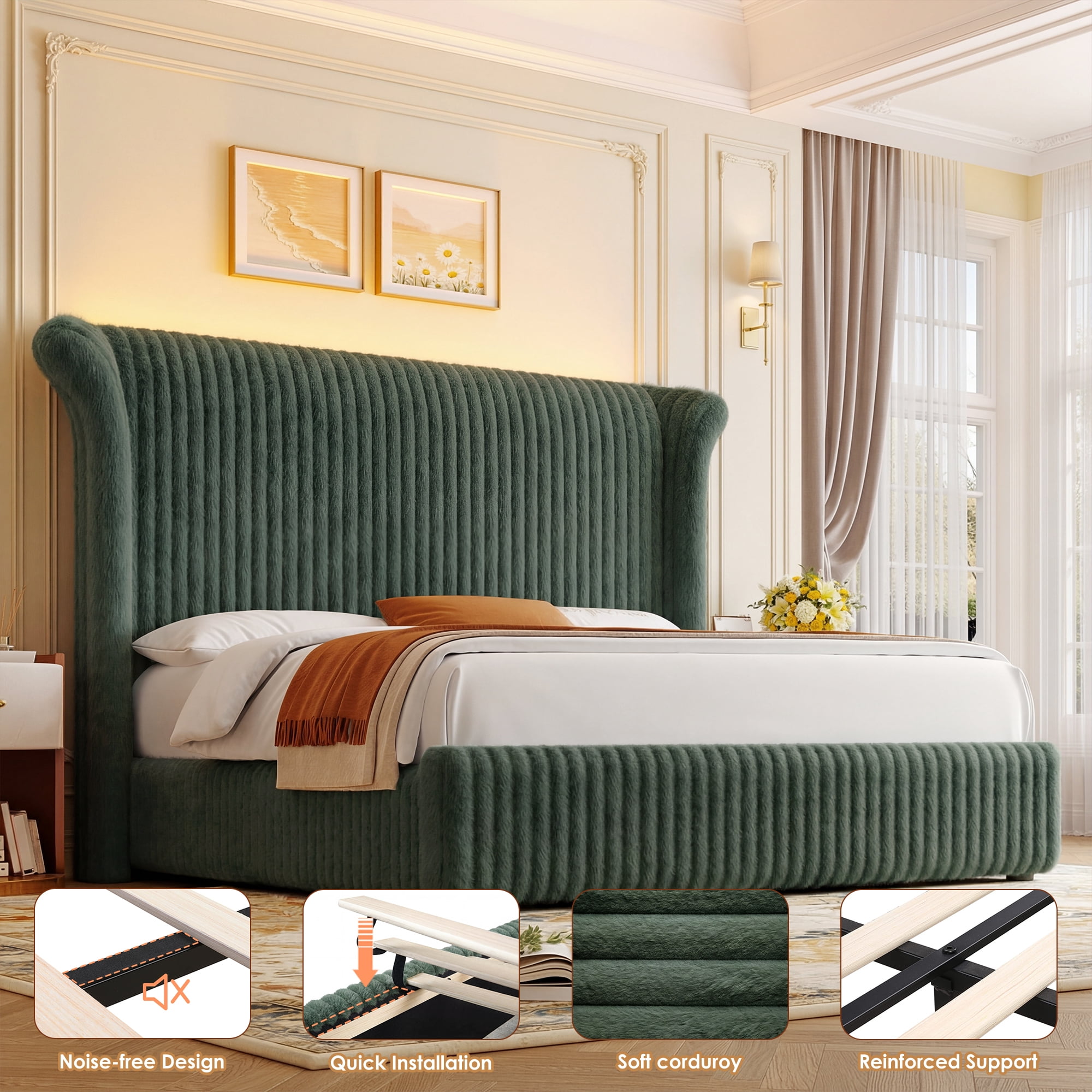 Hiphuta Corduroy Upholstered King Size Bed Frame with Headboard, LED Platform King Bed Frame with 55"H Tall Vertical Stripe Corduroy Wingback Headboard, Green
