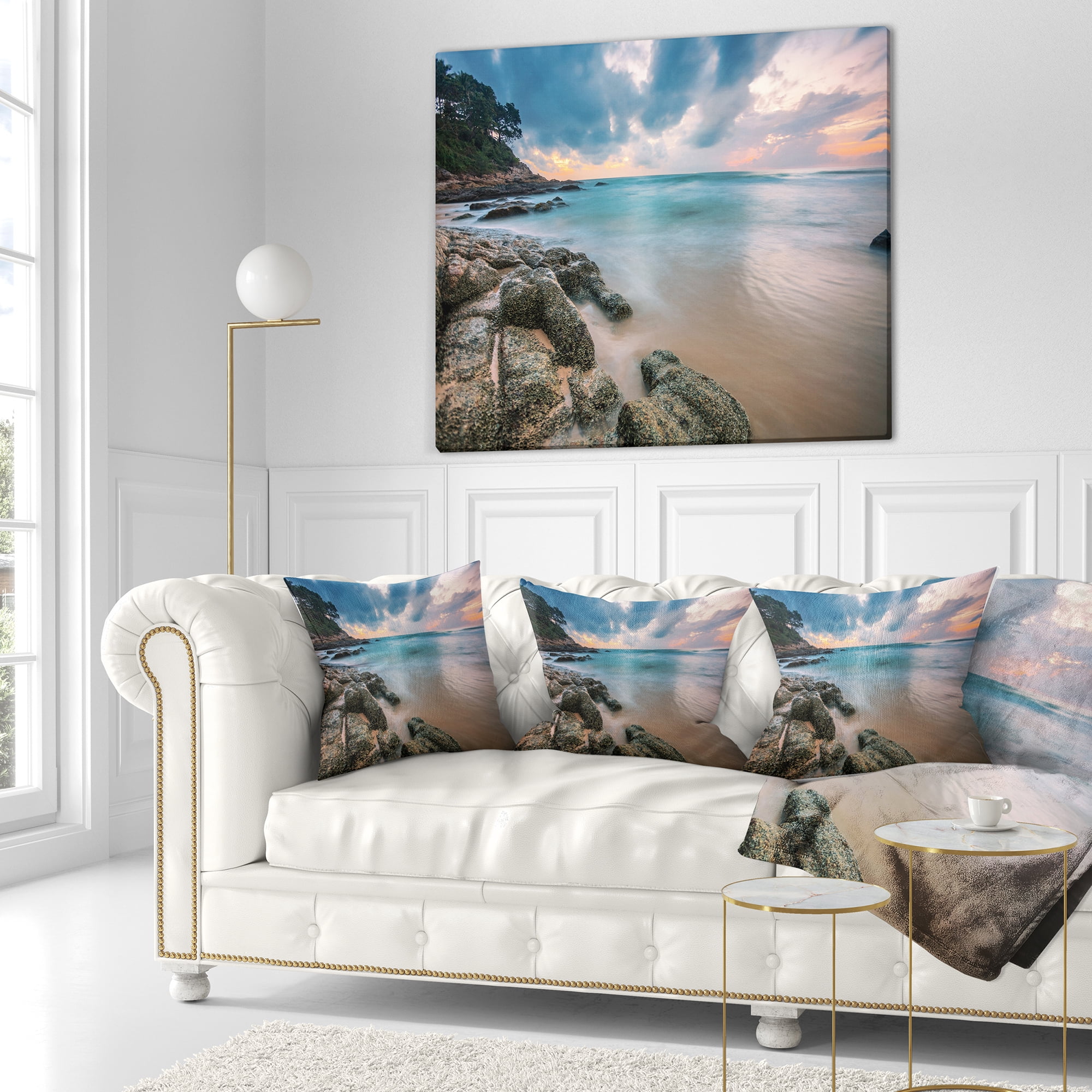 Designart Gloomy Tropical Sunset Beach - Seascape Throw Pillow - 16x16