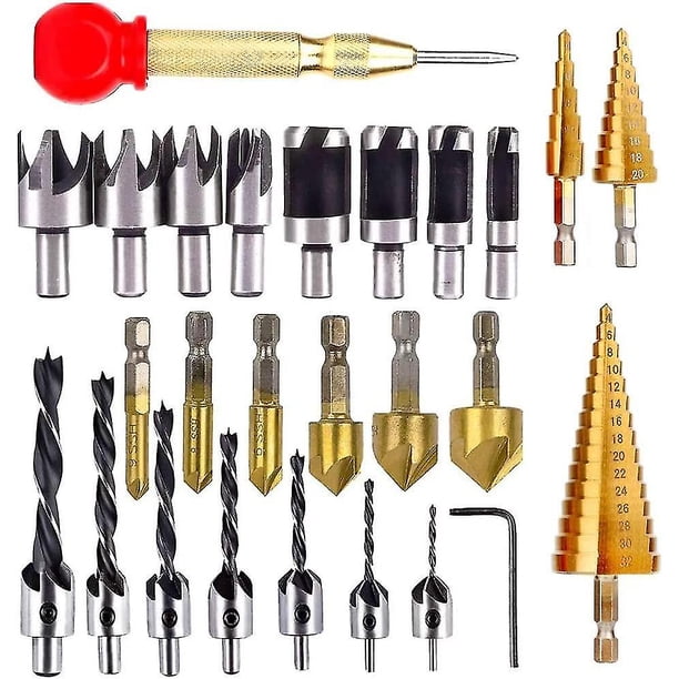 Juego de 26 brocas avellanadas, incluidas 8 brocas para herramientas de corte de madera, 7 brocas de tres puntas, 6