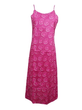 Mogul Women's Pink Cotton Printed Dress Summer Boho Style Sleeveless Spaghetti Straps Beach Dresses