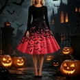 thumbnail image 4 of Women's Vintage Halloween Bat Print Swing Dress Long Sleeve 1950s Retro A-Line Midi Dresses with Satin Sash Belt for Gothic Cosplay Evening Prom Party, 4 of 6