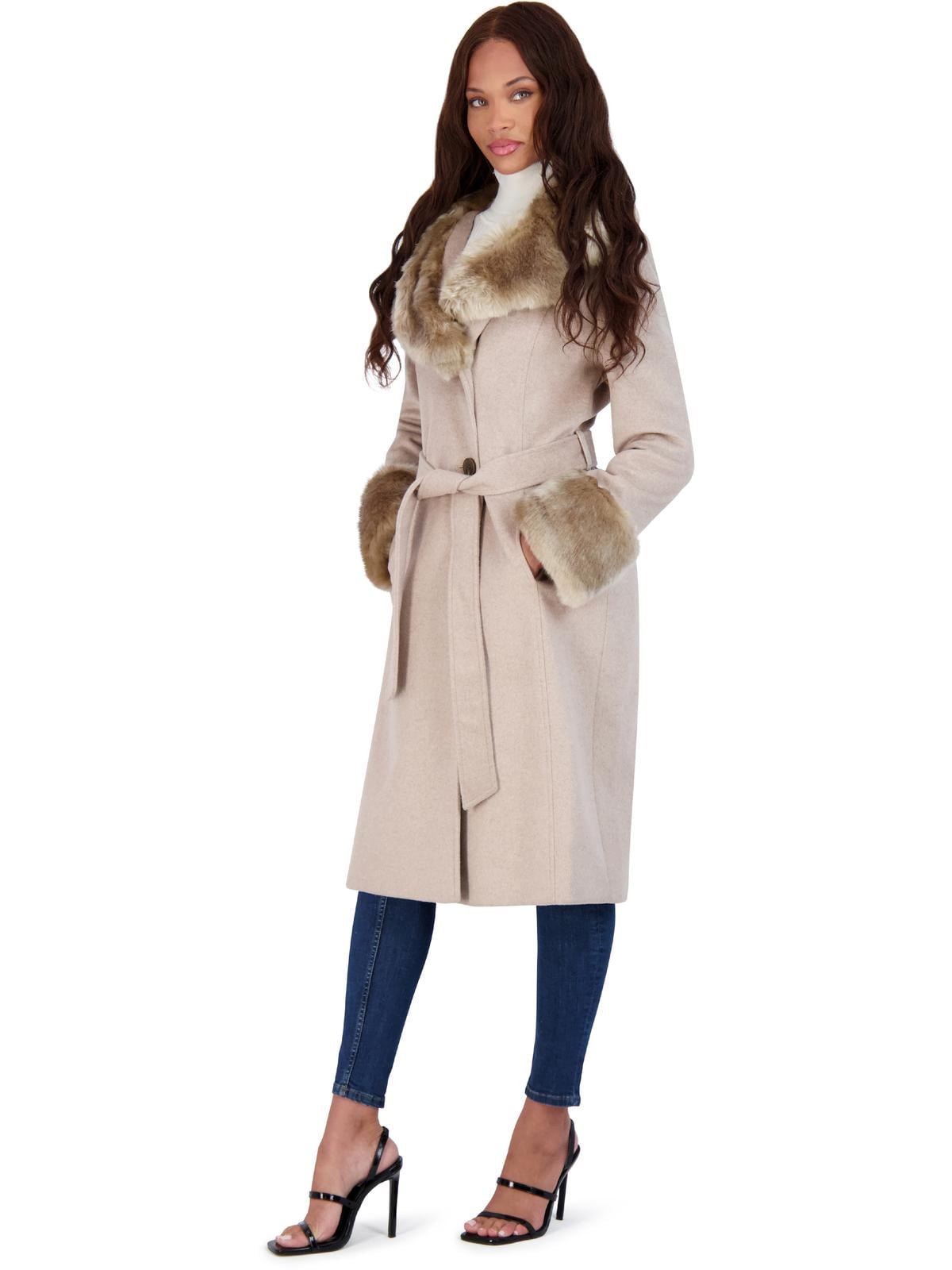 Via Spiga Women s Long Wool Wrap Coat with Faux Fur Trim