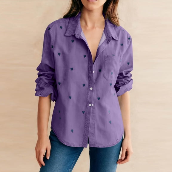 AUNVITO Women's Heart Print Shirt Button Down Long Sleeve Collared Casual and Chic Style