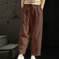 thumbnail image 2 of Womens Casual Elastic Waist Lounge Pants Solid Baggy Cotton Linen Wide Leg Pants Comfy Drawstring Harem Pants with Pocekts(M,Brown), 2 of 7