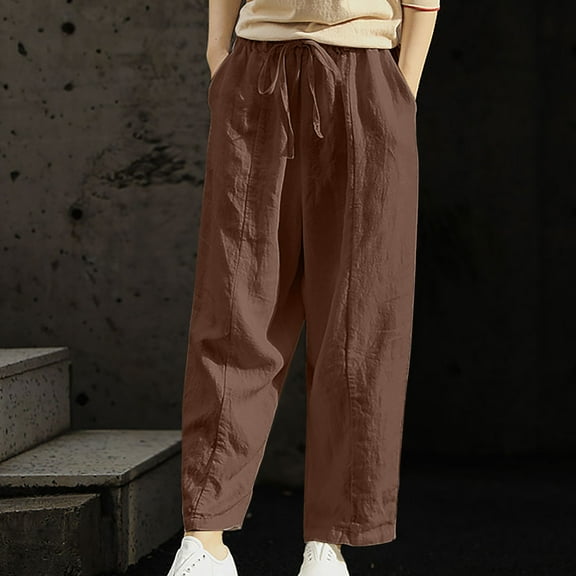 SELONE Linen Pants for Women Petite With Pockets High Waist High Rise Baggy Wide Leg Elastic Waist Casual Long Pant Pants Solid Loose for Everyday Wear Running Work Casual Event Brown XXXL