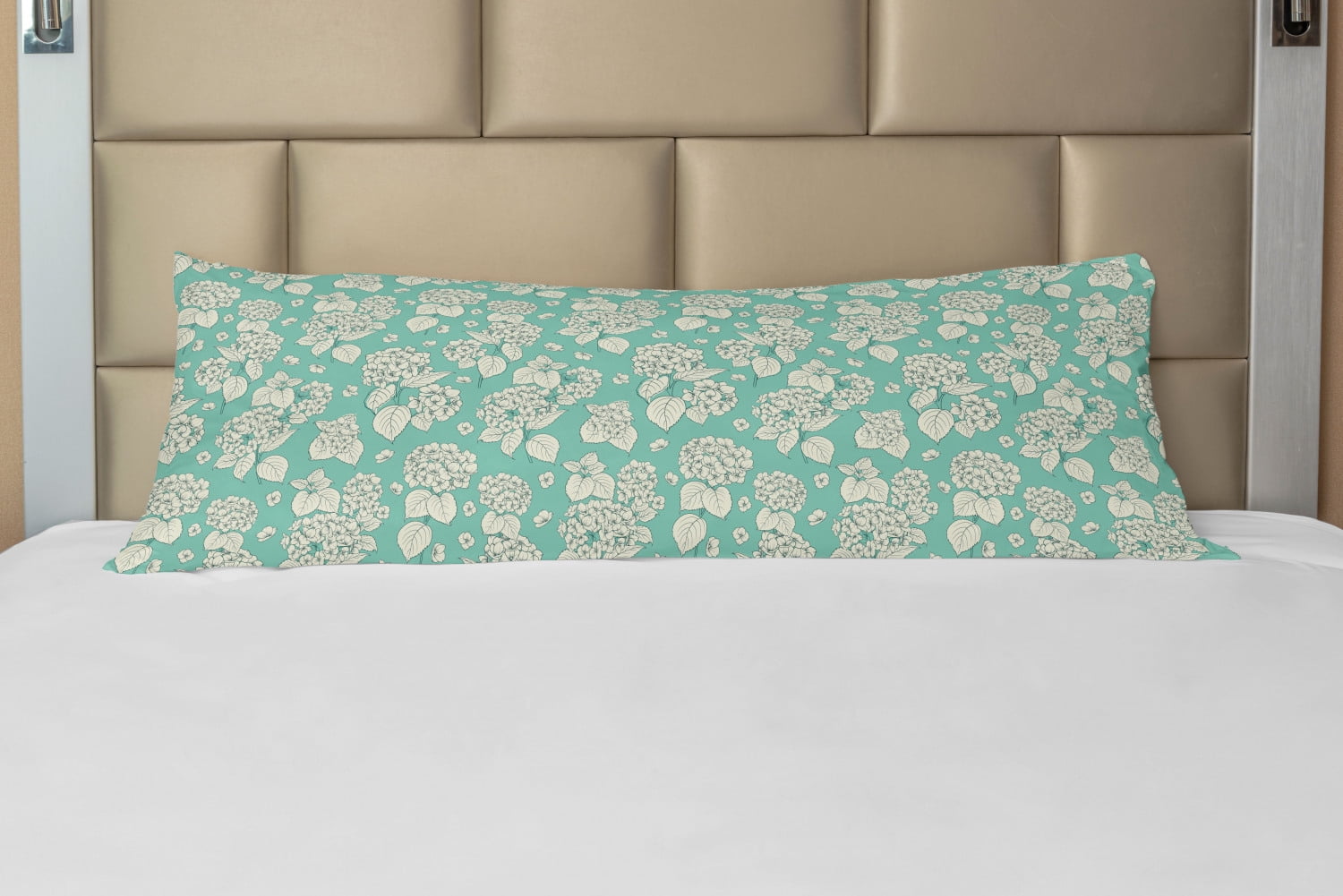 Floral Body Pillow Case Cover with Zipper, Hydrangea Flowers Repeating Romantic Feminine Composition on Teal Toned Backdrop, Decorative Accent Long Pillowcase, Teal and Ivory, by Ambesonne
