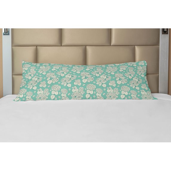 Floral Body Pillow Case Cover with Zipper, Hydrangea Flowers Repeating Romantic Feminine Composition on Teal Toned Backdrop, Decorative Accent Long Pillowcase, Teal and Ivory, by Ambesonne