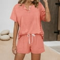 thumbnail image 2 of Women's Solid Color Short-Sleeved Casual Set, Button-Down V-Neck Top & Drawstring Tie-Up Shorts, 2-Piece Loose Lounge Outfit with Pockets – Summer Sportswear, 2 of 5
